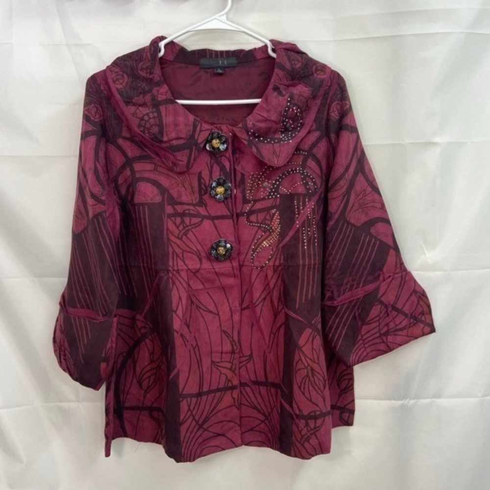 Vintage‎ B.L.E.U. Women's maroon soft cuffed sleeve beaded jeweled button jacket